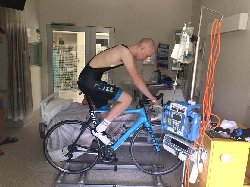 Zack Gilmore on the rollers while receiving chemotherapy treatment.